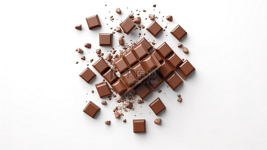 白色背景上孤立的牛奶巧克力棒和巧克力片的顶视图 3D 插图