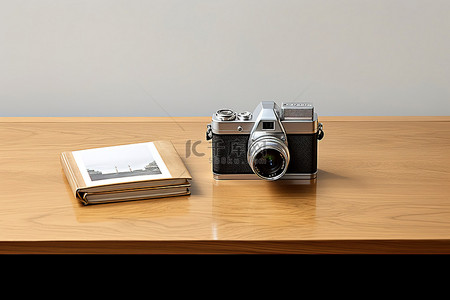 一本书照片背景图片_橡木桌，配有小相机和一本书