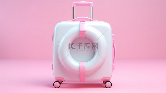 装饰平面背景图片_夏季旅行概念手提箱，在 3D 渲染中精致的粉红色柔和背景上装饰有橡胶环
