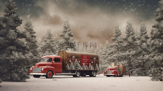 松树林背景图片_今年圣诞节，3D 渲染圣诞老人和朋友驾驶一辆节日卡车穿过松树林