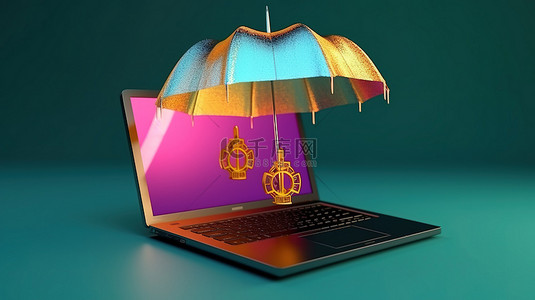 比特币展示笔记本电脑，具有 3D 渲染功能，具有雨伞保护功能