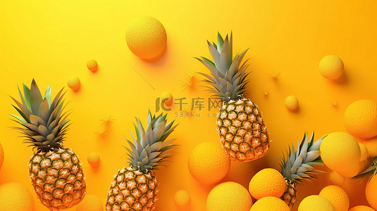 印尼风情背景图片_充满活力的新鲜菠萝水果，黄色背景上具有热带风情，营养盛宴3D 渲染