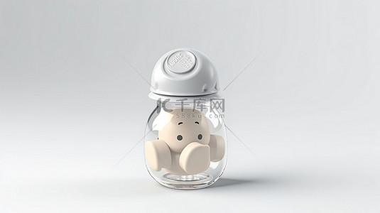白色背景 3D 渲染上的奶嘴和空婴儿奶瓶的模型