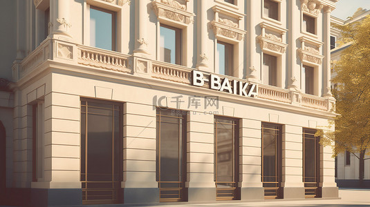 西班牙银行大楼的 3D 插图，带有显眼的银行标牌