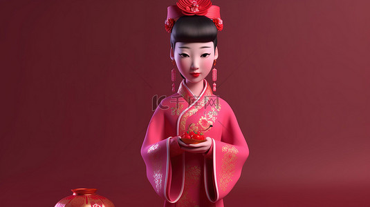 中式背景背景图片_穿着中国传统服饰的 3D 女性角色的中国新年庆祝活动