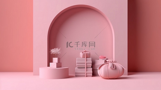 产品购物袋背景图片_时尚柔和的粉红色背景装饰着讲台礼品盒和购物袋，非常适合通过 3D 渲染展示产品