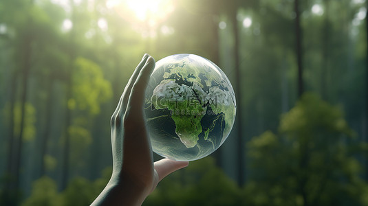 卡通生态背景图片_环境意识概念 3D 渲染手握地球仪在自然背景下