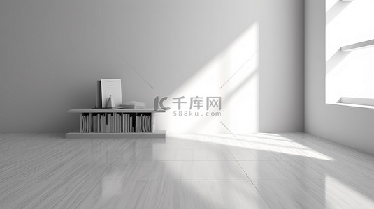 极简主义的白墙，地板上有一本数字创建的孤独的书