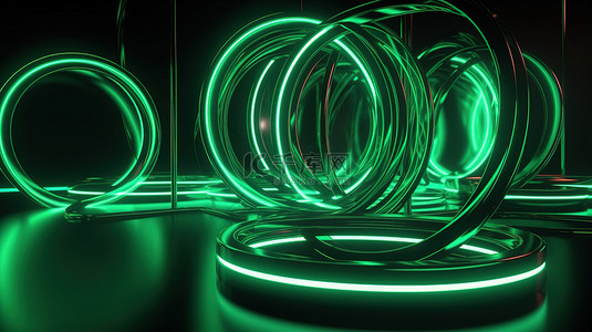 绿色霓虹灯照亮 3d 渲染中的抽象时尚