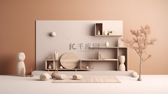卧室展示背景图片_米色背景工作室的 3D 渲染，用于展示客厅时尚和表演艺术模型