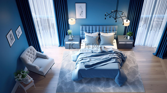 蓝色酒店背景图片_3D 蓝色色调卧室室内设计的高架视图