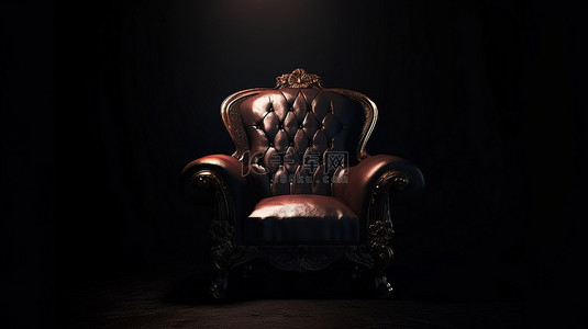 黑色背景下孤独的皇家皮革扶手椅，带有 3D 渲染