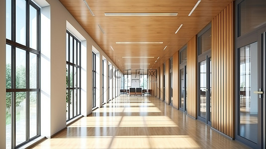 装饰公司背景图片_明亮通风的办公室走廊的 3D 渲染，配有玻璃门和优雅的木质装饰