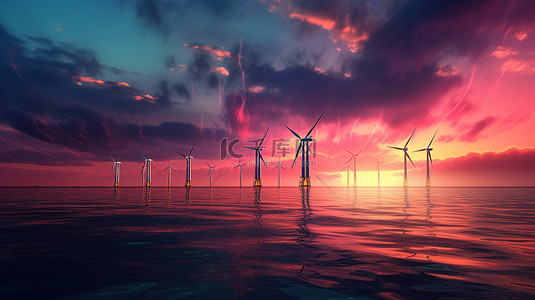 海上风力涡轮机在暴风雨的日落天空下的 3D 渲染