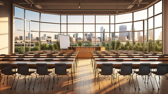 带有全景窗户配有演讲椅和书桌的教室的 3D 渲染