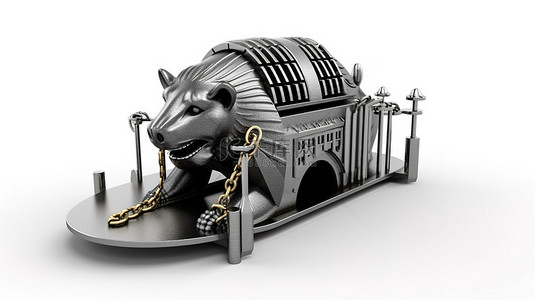 银行投资背景图片_白色背景上金属熊陷阱旁边的银行大楼的 3D 渲染