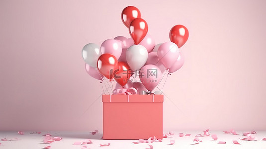 情人节横幅设计气球填充礼品盒翱翔天空的 3D 插图