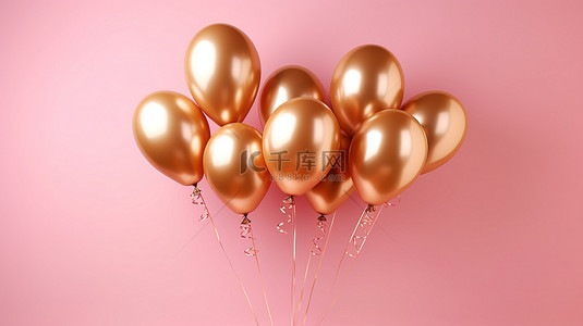 彩色漂浮气球背景图片_闪闪发光的金色气球簇映衬着柔和的粉红色墙壁 3D 艺术渲染