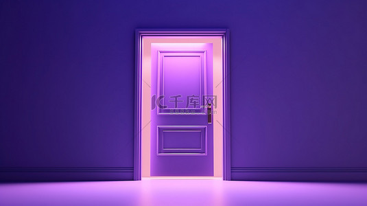 紫色背景和照明内部的门开口的 3D 插图