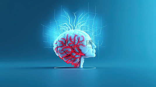 健康心理背景图片_蓝色背景 3D 渲染抽象头部轮廓，红心和心跳脉冲象征心理健康概念