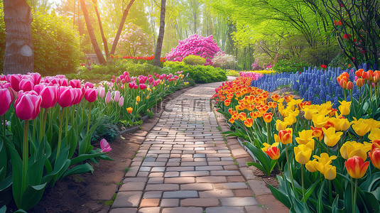 春天感觉的公园鲜花盛花背景图