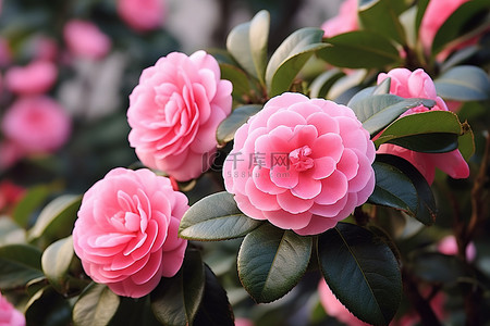 山茶花的粉红玫瑰和粉红色的花朵生长在灌木上