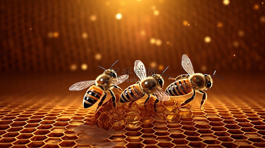 闪闪发光的蜂窝及其忙碌的蜜蜂 3D 渲染图像，带有用于产品展示的空基座