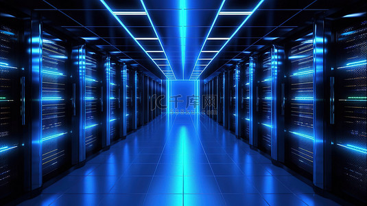 照明器背景图片_蓝光照明托管服务器的黑色主题机房的 3D 渲染
