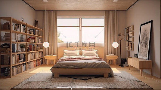 无印良品风格开放式室内建筑的 3D 渲染，可实现等距卧室视图