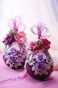 紫红色背景图片_两个彩色塑料玫瑰花蕾花瓶，紫红色珍珠蕾丝和