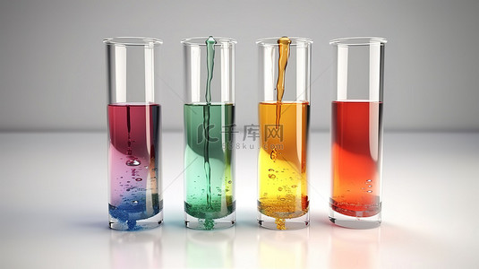 化学液体背景图片_白色背景下 3D 渲染试管中充满活力的彩色液体