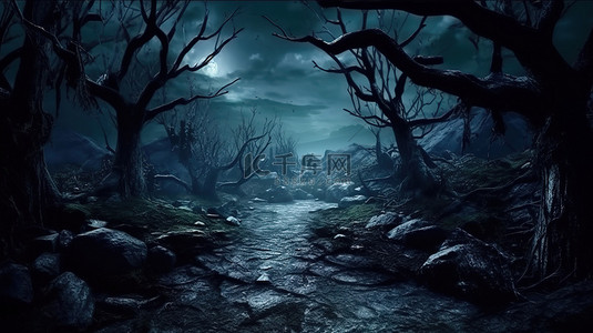 万圣节幽灵恐怖背景图片_万圣节闹鬼森林的怪异景观 3D 插图