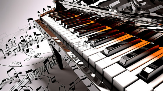 音乐播放键背景图片_扭曲的钢琴键和带音符的乐谱的 3D 插图