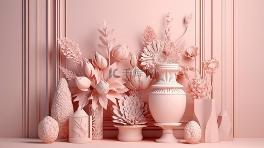 高架 3D 陈列柜，在花卉柔和的粉红色和米色背景上装饰着装饰花瓶