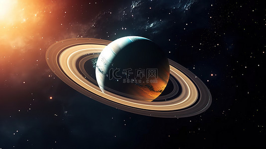 令人敬畏的土星是一颗气态巨行星，其小行星环在太空中运行 3D 渲染