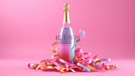 白色香槟瓶的 3D 渲染插图，在充满活力的粉红色背景上装饰着派对彩带
