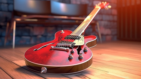 3D 渲染的木桌上令人惊叹的复古灵感红色电吉他
