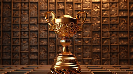 设计足球背景图片_希腊风格古董柱与金色奖杯的 3D 插图