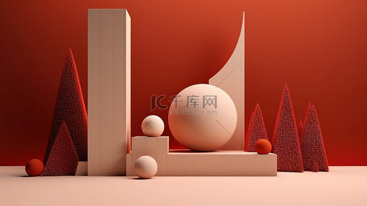 以 3D 渲染的简约风格的圣诞节灵感几何场景