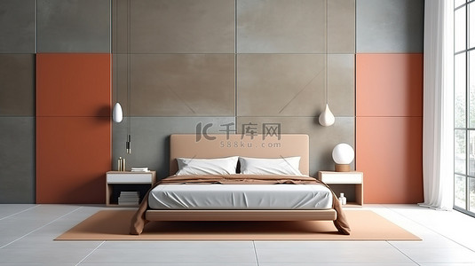现代卧室配有 3D 渲染的双色地板