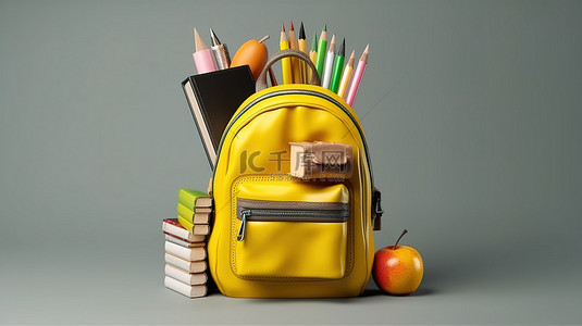 黄色背包，配有灰色牛仔裤学校用品和零食 3d 渲染