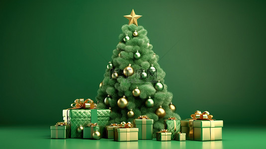 充满活力的绿色背景 3D 渲染上的节日树和新年礼物庆祝活动