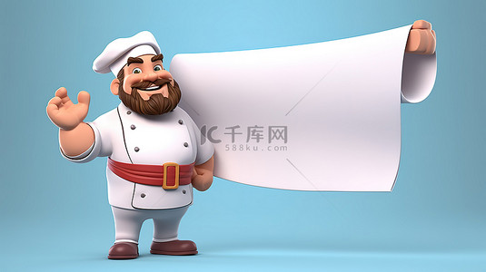 带着厨师帽的小猪背景图片_卡通厨师在 3d 插图中举着横幅