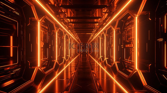 带有 3D 渲染的橙色抽象宇宙飞船走廊的霓虹灯未来主义插图