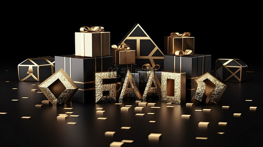 黑色 3D 插图上带有金色字母和礼品盒的钻石重音大型销售