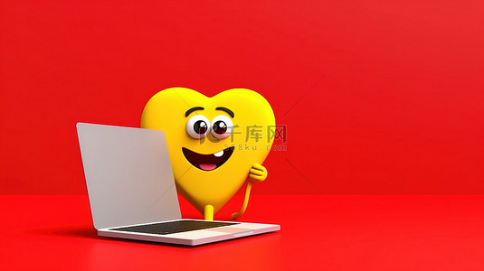 黄色背景，带有 3D 渲染的红心吉祥物和现代白屏笔记本电脑，非常适合您的设计