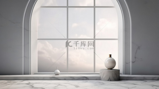 窗户天空背景与大理石讲台和灯美学灰色背景 3D