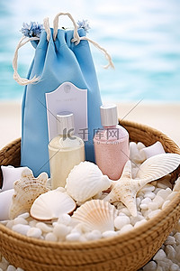 福利袋背景图片_一袋贝壳白茶和浴缸，放在装有贝壳的竹托盘上