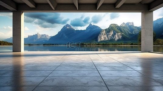 停车场背景 3D 渲染多云的天空湖和空混凝土地板上的山景