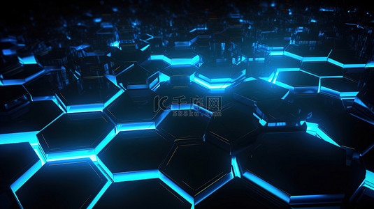 科幻设计背景图片_蓝色背景下的虹彩六边形是对未来派设计的现代诠释3D 渲染